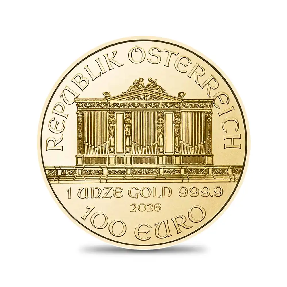 地金型3：6666 オーストリア 2026 ウィーンフィル 100ユーロ 1オンス 金貨 【1枚】 (コインケース付き)