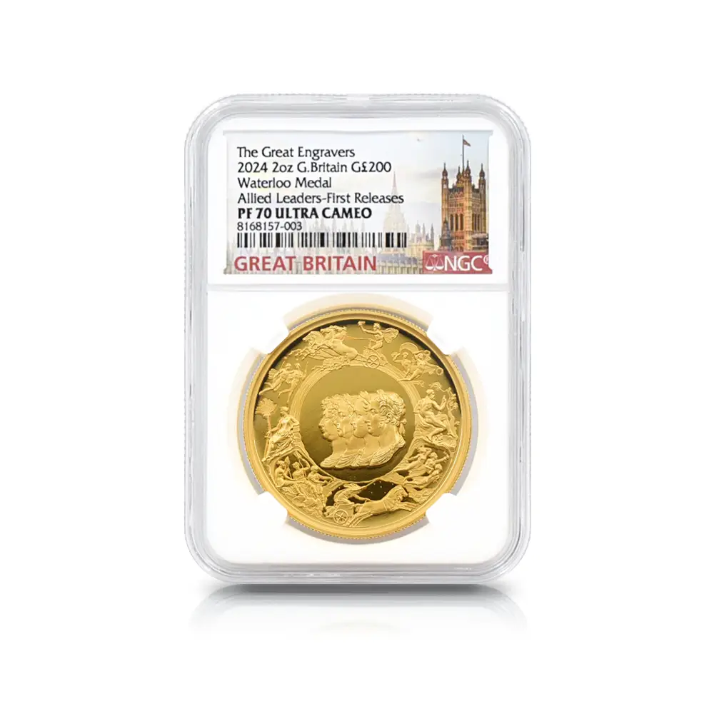 モダンコイン4：6710 イギリス 2024 チャールズ3世 ワーテルロー・メダル - 連合国代表 200ポンド2オンス金貨 ファーストリリース NGC PF70UC 箱付き