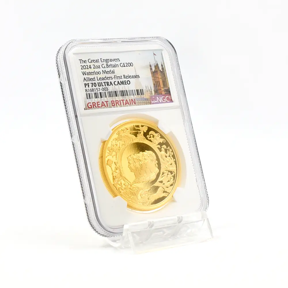 モダンコイン6：6710 イギリス 2024 チャールズ3世 ワーテルロー・メダル - 連合国代表 200ポンド2オンス金貨 ファーストリリース NGC PF70UC 箱付き