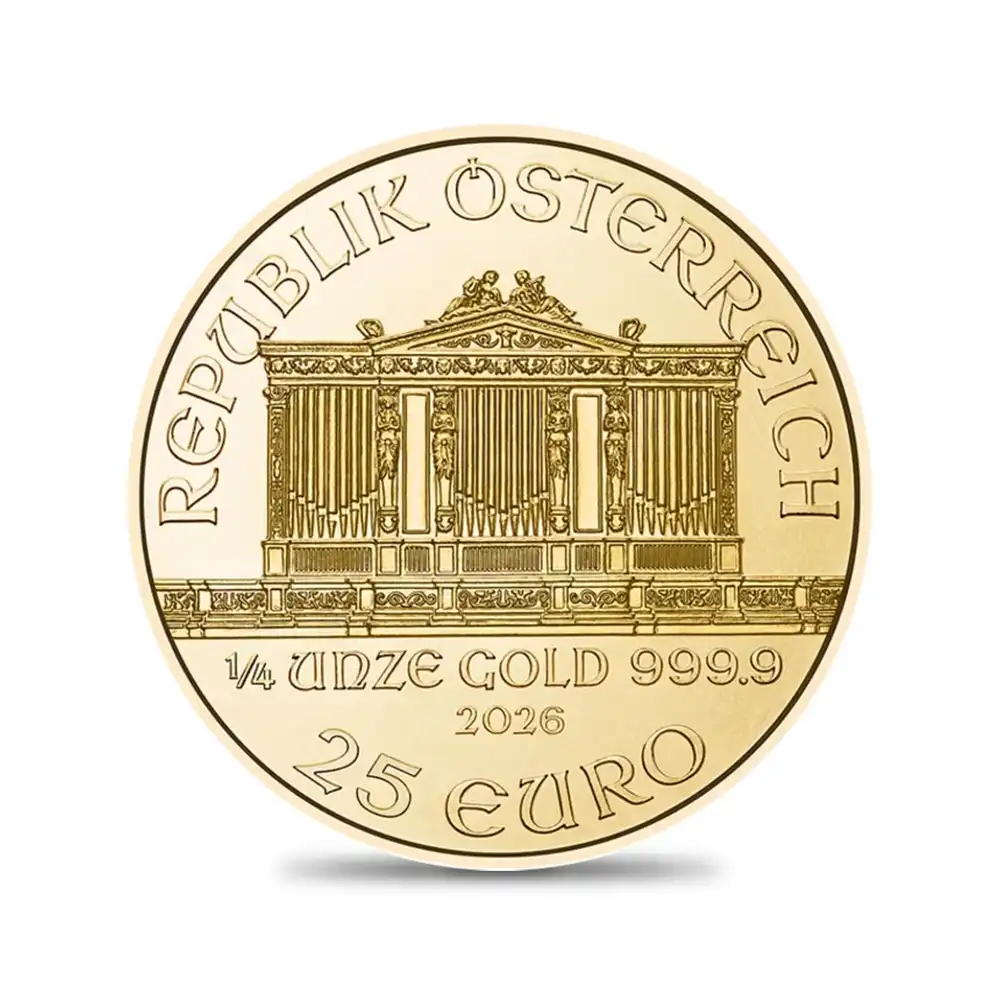 地金型4:6714 オーストリア 2026 ウィーンフィル 25ユーロ 1/4オンス 金貨 【10枚】(コインケース付き)