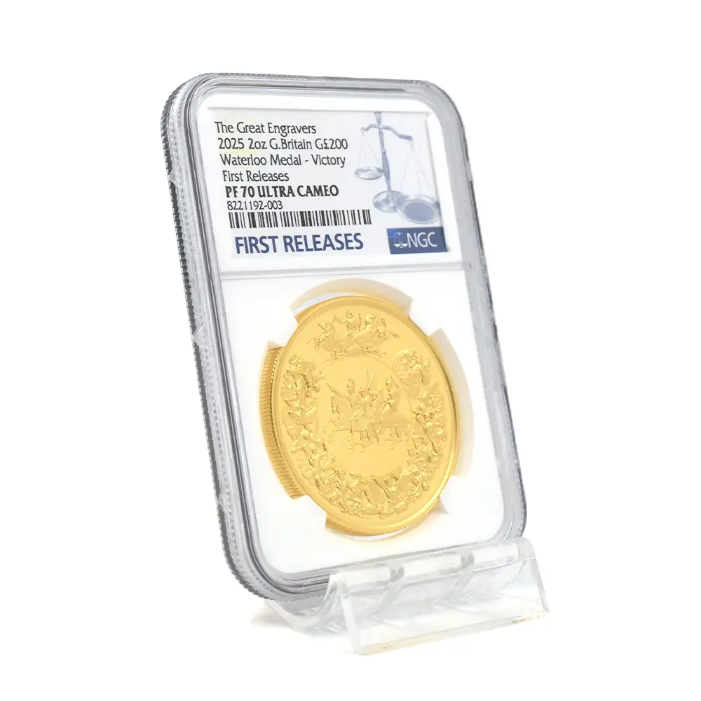 モダンコイン6：6709 イギリス 2025 チャールズ3世 ワーテルロー・メダル - 勝利 200ポンド2オンス金貨 ファーストリリース NGC PF70UC 箱付き