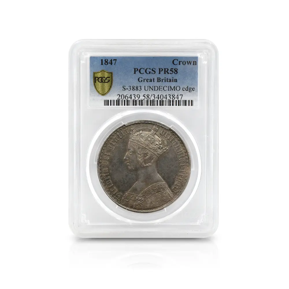 アンティークコイン4：6721 イギリス 1847 ヴィクトリア女王 ゴチッククラウン銀貨 アンデシモエッジ PCGS PR58 S-3883