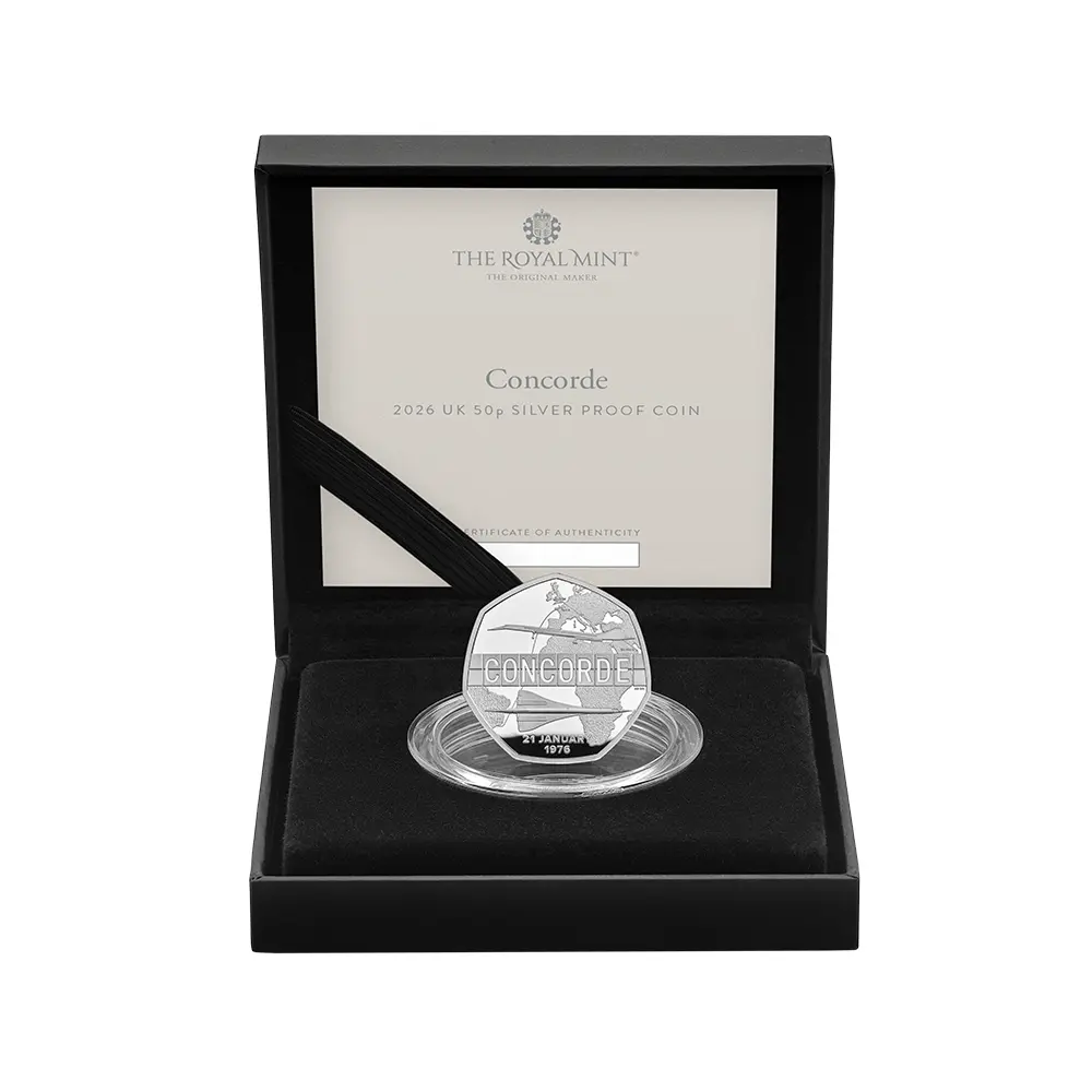 モダンコイン5：6725 イギリス 2026 チャールズ3世 コンコルド就航50周年記念 50ペンスプルーフ銀貨 未鑑定 箱付き【ご予約承り品】