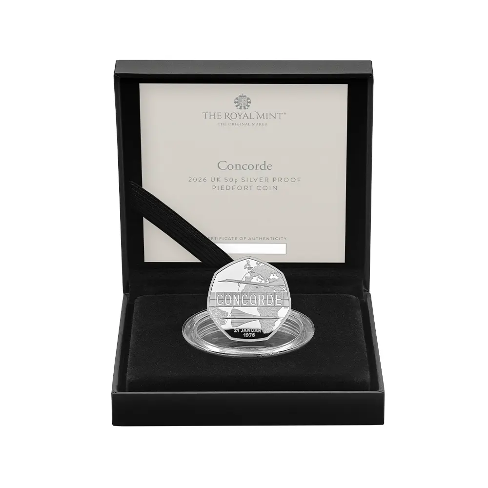 モダンコイン5:6726 イギリス 2026 チャールズ3世 コンコルド就航50周年記念 50ペンスプルーフピエフォー銀貨 未鑑定 箱付き【ご予約承り品】