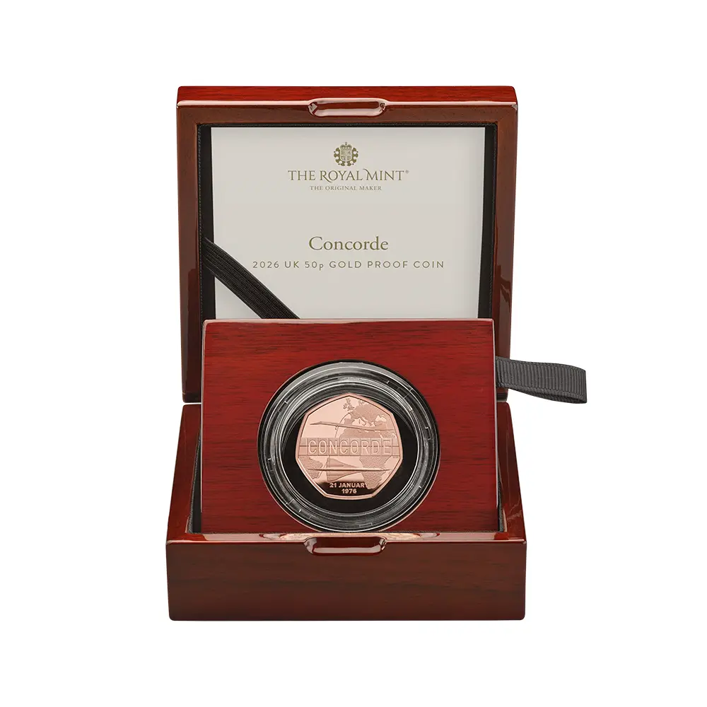 モダンコイン5：6727 イギリス 2026 チャールズ3世 コンコルド就航50周年記念 50ペンスプルーフ金貨 未鑑定 箱付き【ご予約承り品】