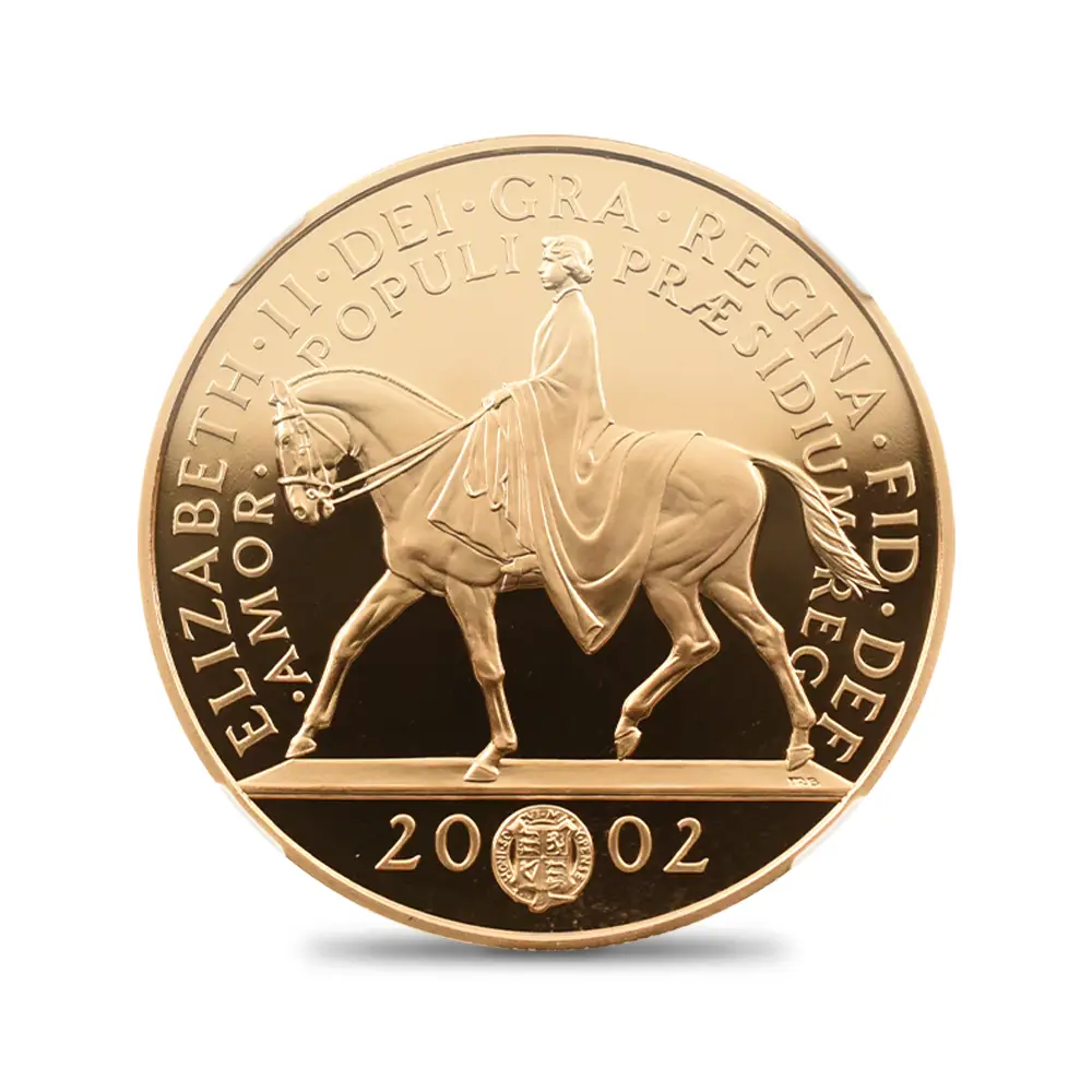 モダンコイン2：4067 2002 エリザベス2世 馬上のエリザベス  即位50周年記念 ゴールデンジュビリー 5ポンド金貨 NGC PF70UC