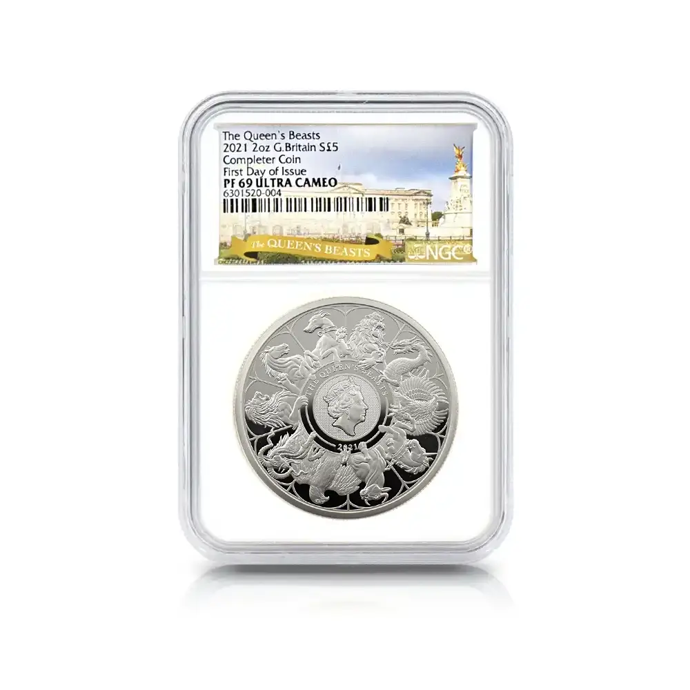 モダンコイン4:6738 イギリス 2021 エリザベス2世 クイーンズビースト コンプリーター 英国王室の十大守護獣 5ポンド2オンス銀貨 発行即日鑑定品 NGC PF69UC COA付き