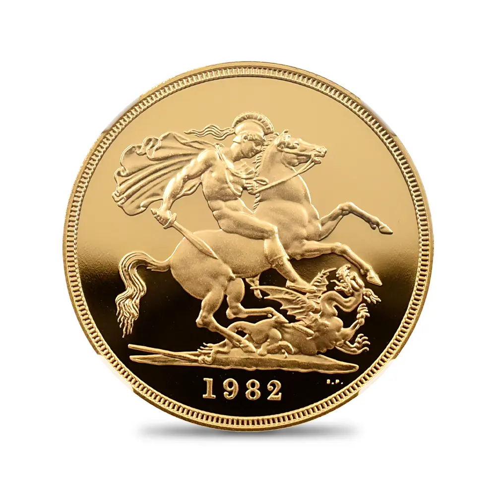 モダンコイン2：6742 イギリス 1982 エリザベス2世 ヤングエリザベス 聖ジョージ竜退治 5ソブリン金貨 NGC PF70UC