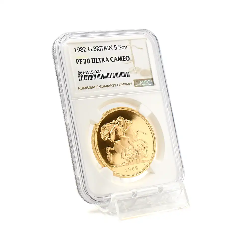 モダンコイン6：6742 イギリス 1982 エリザベス2世 ヤングエリザベス 聖ジョージ竜退治 5ソブリン金貨 NGC PF70UC