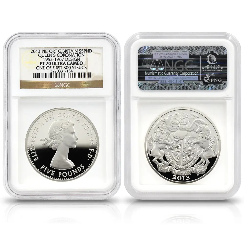 モダンコイン2：6730 イギリス 2013 エリザベス2世 戴冠60周年記念 5ポンドピエフォー銀貨 4枚セット ファースト300ストラック NGC PF70UC 付属品付き