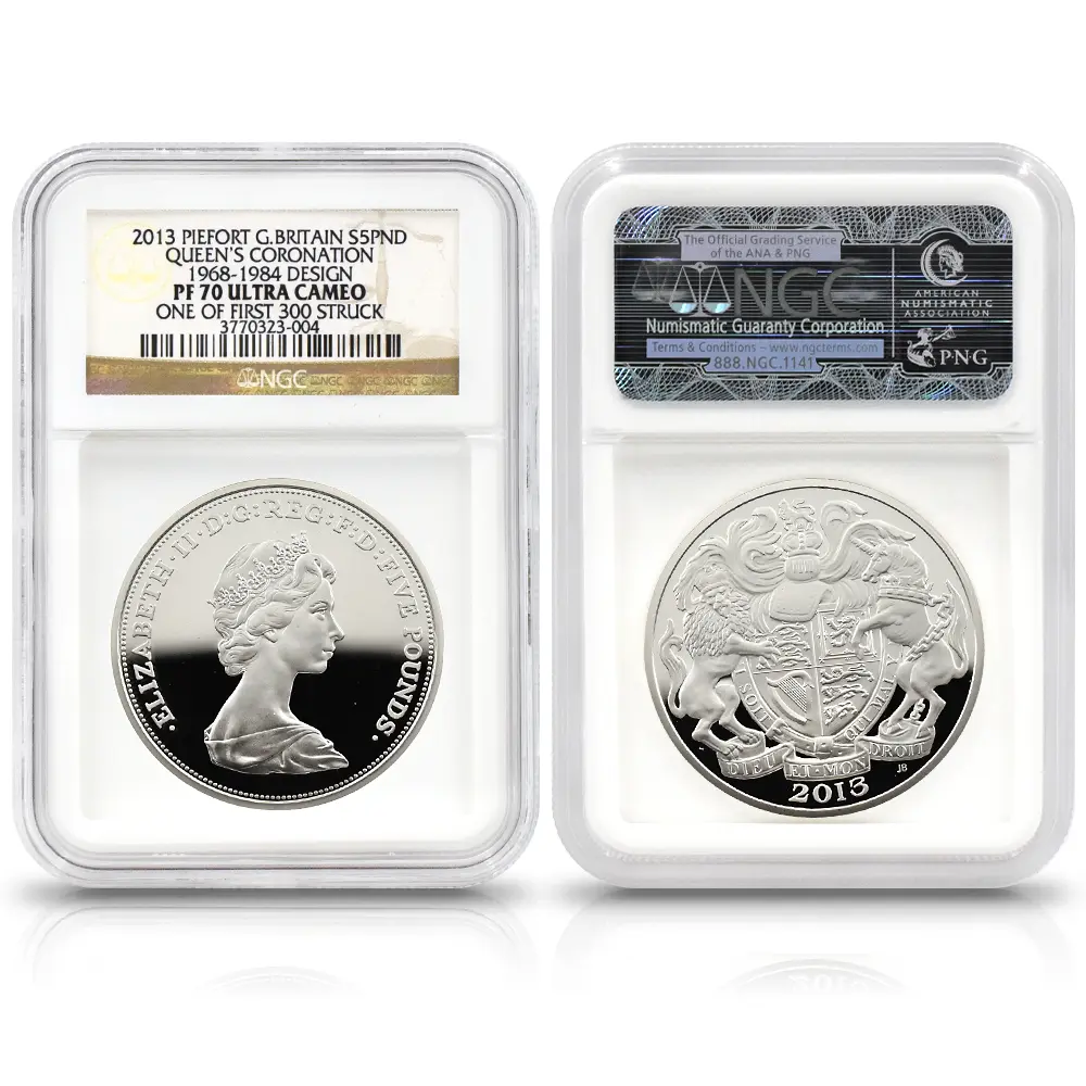 モダンコイン3：6730 イギリス 2013 エリザベス2世 戴冠60周年記念 5ポンドピエフォー銀貨 4枚セット ファースト300ストラック NGC PF70UC 付属品付き