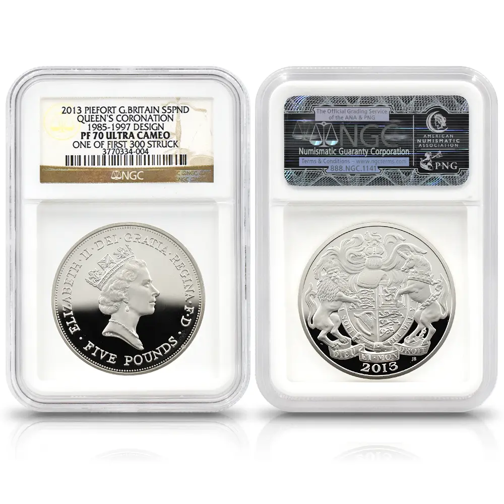 モダンコイン4：6730 イギリス 2013 エリザベス2世 戴冠60周年記念 5ポンドピエフォー銀貨 4枚セット ファースト300ストラック NGC PF70UC 付属品付き