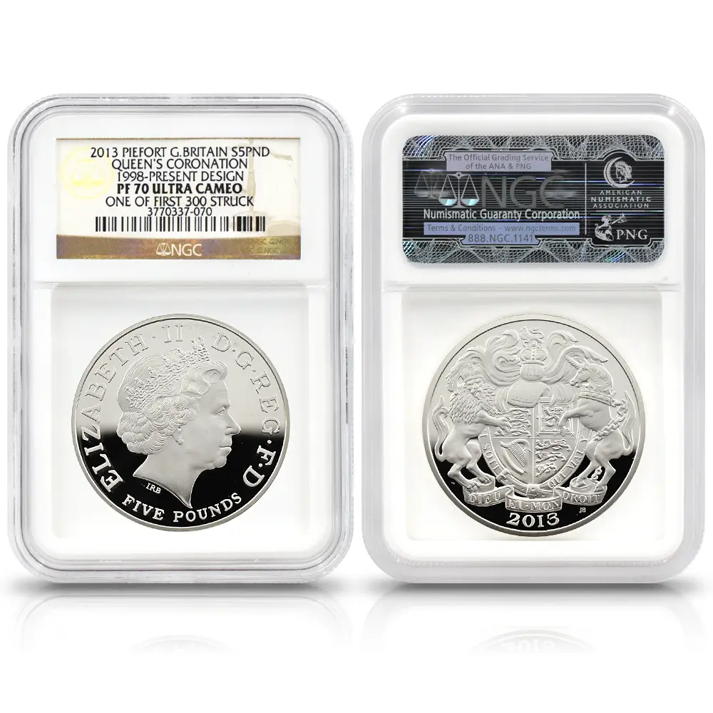 モダンコイン5：6730 イギリス 2013 エリザベス2世 戴冠60周年記念 5ポンドピエフォー銀貨 4枚セット ファースト300ストラック NGC PF70UC 付属品付き