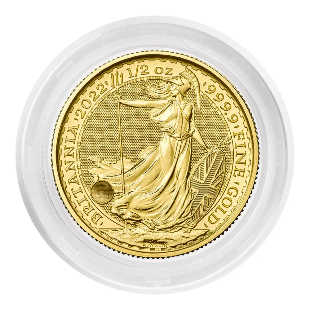 地金型7：2581 イギリス  2022  ブリタニア 50ポンド 1/2オンス 地金型金貨 【1枚】 (コインケース付き)