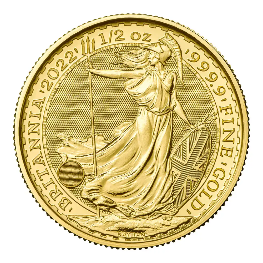 地金型3：2581 イギリス  2022  ブリタニア 50ポンド 1/2オンス 地金型金貨 【1枚】 (コインケース付き)