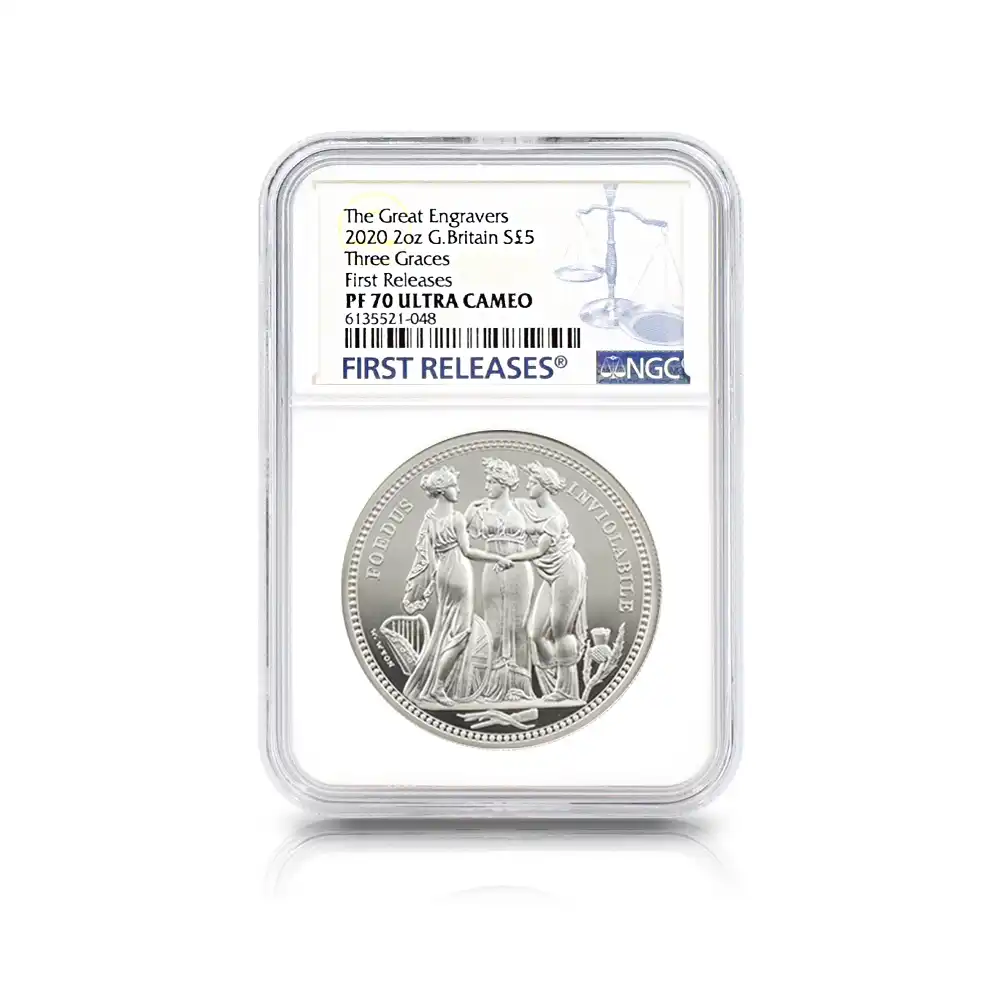 モダンコイン4：6780 イギリス 2020 エリザベス2世 スリーグレーセス 5ポンド2オンス銀貨 ファーストリリース NGC PF70UC