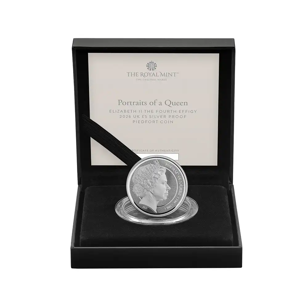 モダンコイン5：6784 【未鑑定＋鑑定オプション付き】イギリス 2026 チャールズ3世 エリザベス2世のコイン肖像シリーズ 第四弾 5ポンドプルーフピエフォー銀貨 未鑑定 箱付き【ご予約承り品・納期約半年】