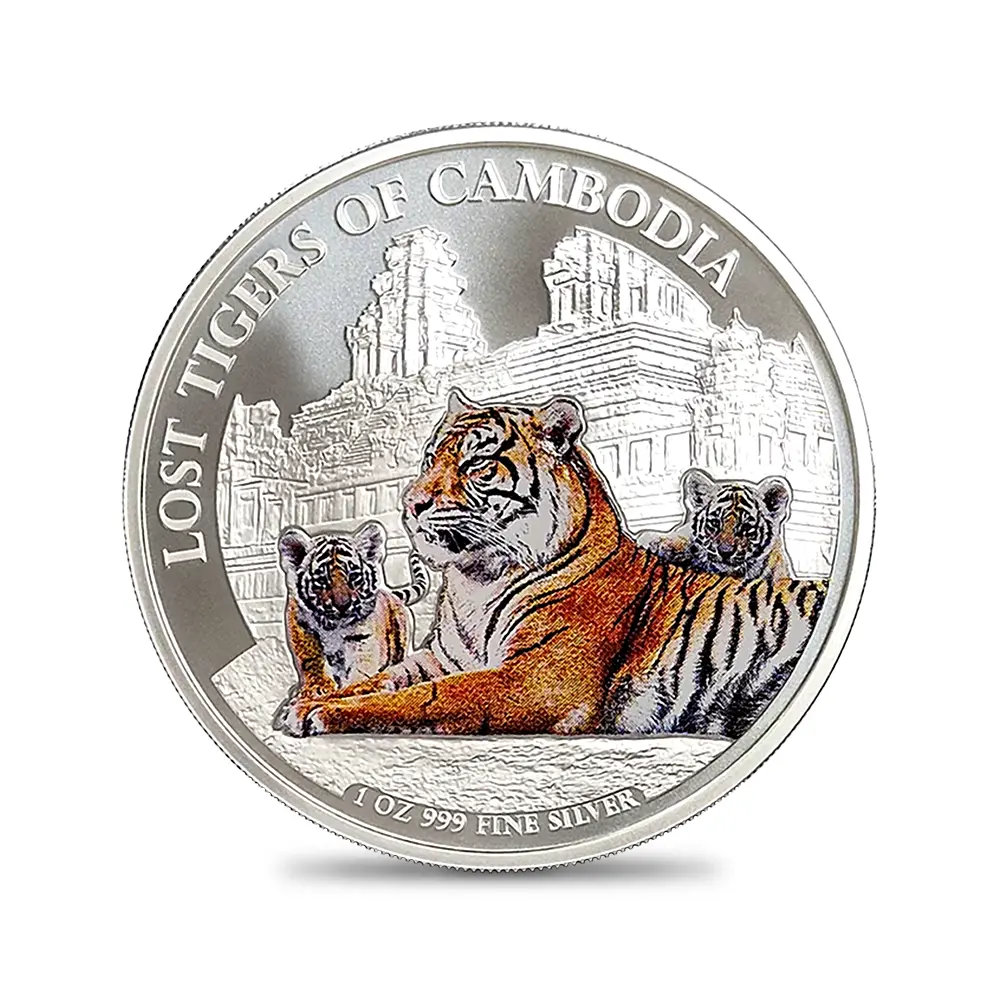 地金型2：6794 カンボジア 2025 失われた虎 3000リエル 1オンス カラー銀貨【5枚】（コインケース付き）