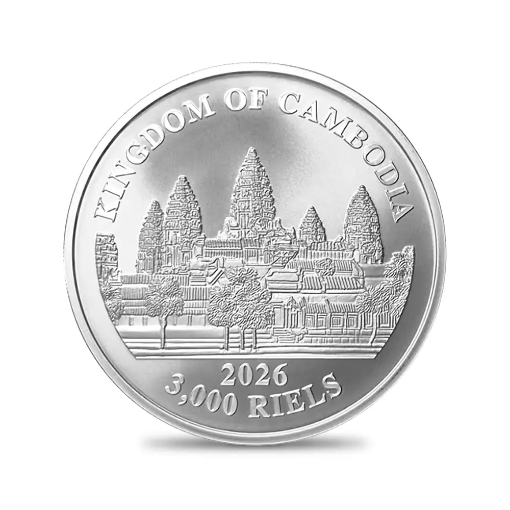 地金型3：6795 カンボジア 2026 失われた虎 3000リエル 1オンス カラー銀貨【5枚】（コインケース付き）