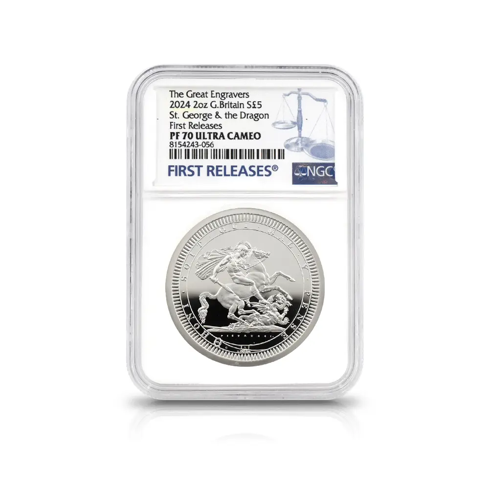 モダンコイン4:6790 イギリス 2024 チャールズ3世 ピストルッチ作聖ジョージ竜退治 5ポンド2オンス銀貨 ファーストリリース NGC PF70UC