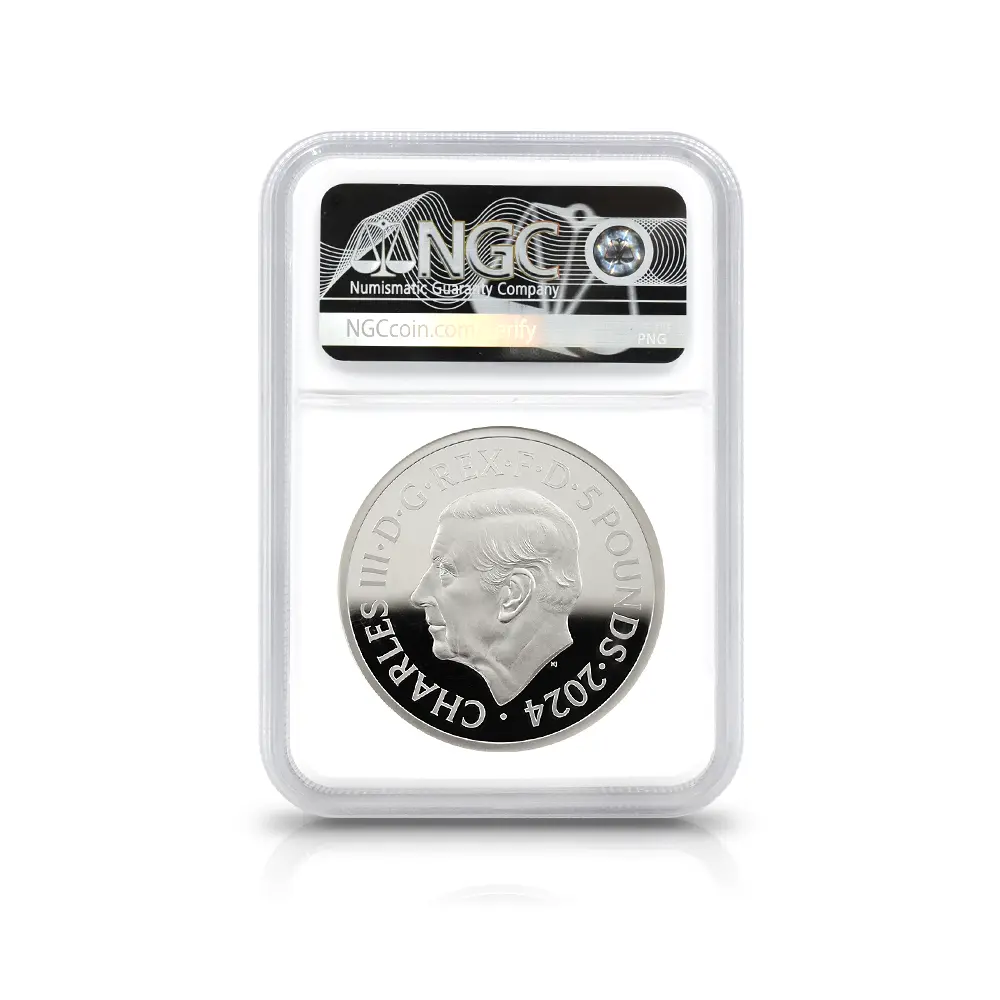 モダンコイン5:6790 イギリス 2024 チャールズ3世 ピストルッチ作聖ジョージ竜退治 5ポンド2オンス銀貨 ファーストリリース NGC PF70UC