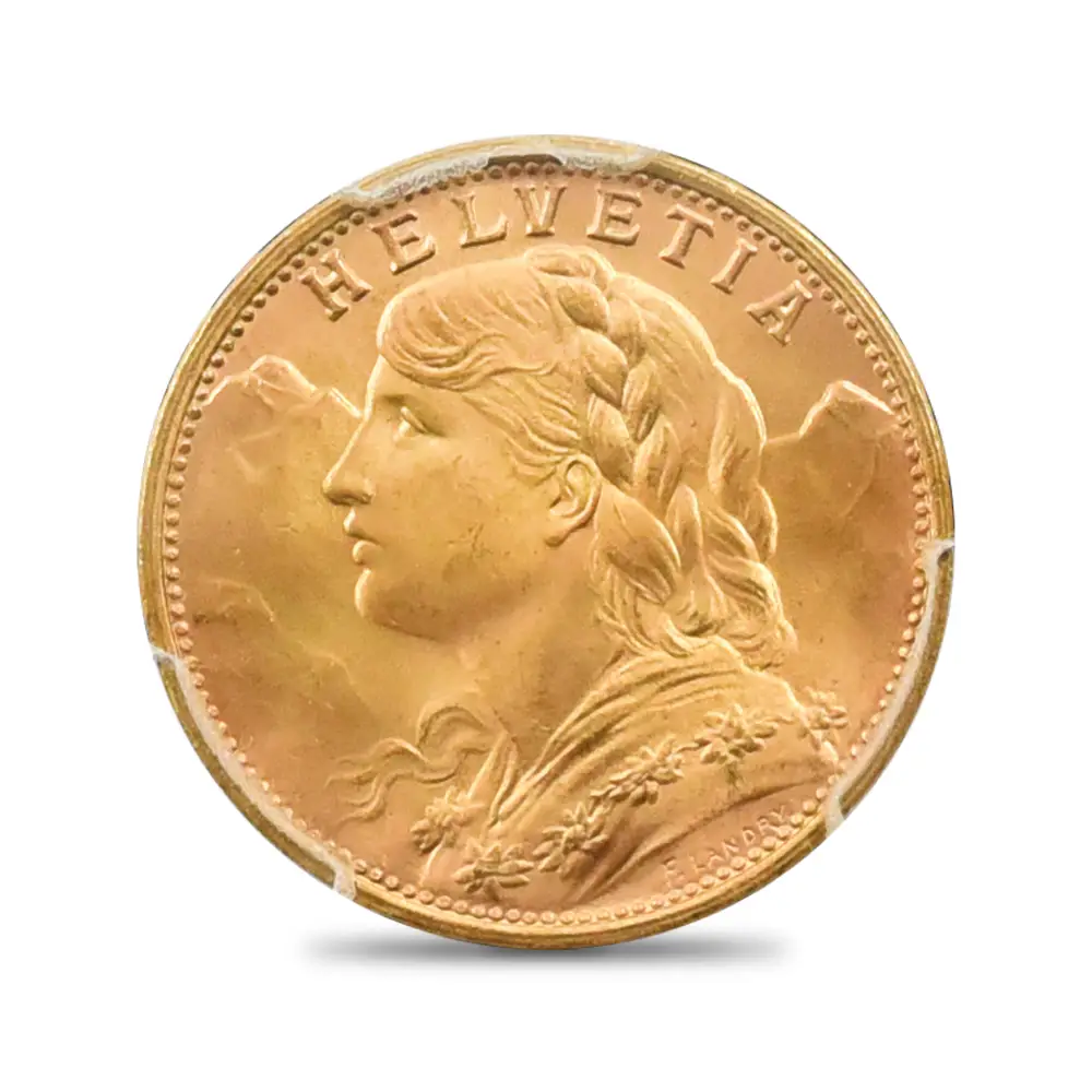 モダンコイン2：4100 スイス 1949B アルプスと少女 ブレネリ 20フラン金貨 PCGS MS66