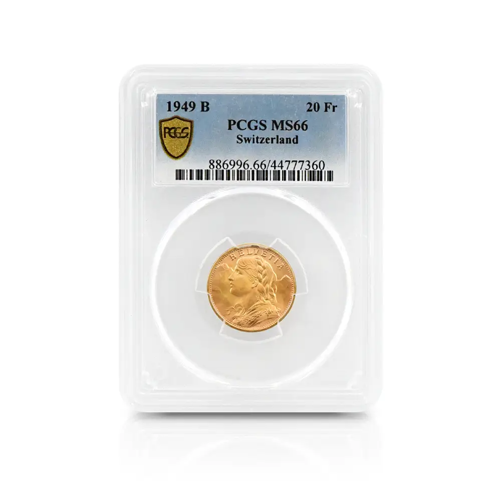 モダンコイン4：4100 スイス 1949B アルプスと少女 ブレネリ 20フラン金貨 PCGS MS66