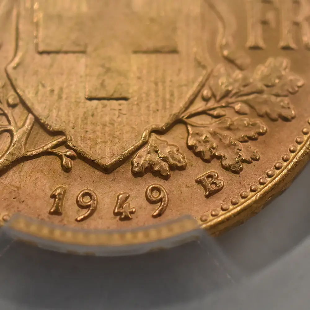 モダンコイン12：4100 スイス 1949B アルプスと少女 ブレネリ 20フラン金貨 PCGS MS66