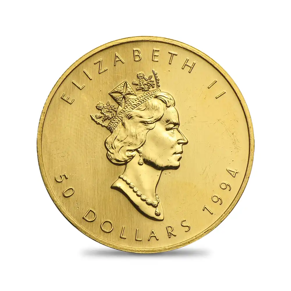 地金型3：6787 カナダ 1994 エリザベス2世 メイプルリーフ 50ドル 1オンス 地金型金貨 【1枚】 (コインケース付き)
