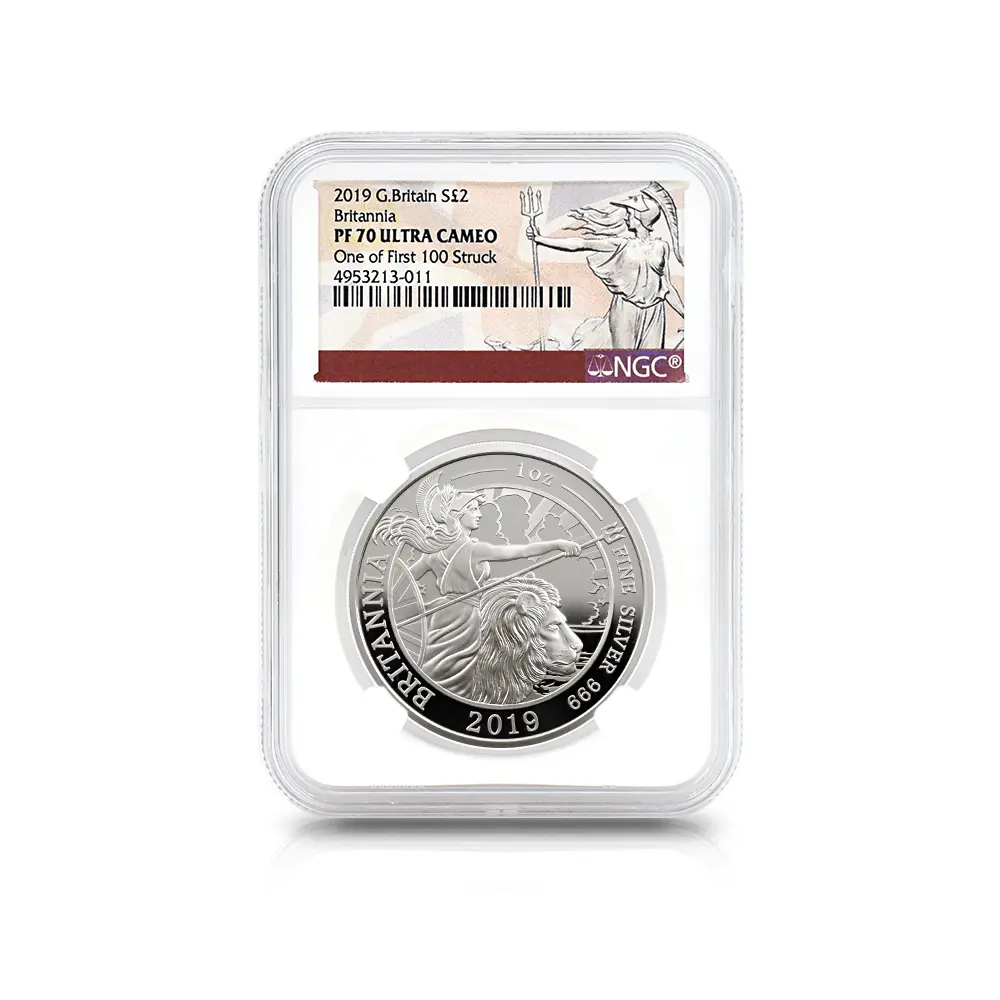 モダンコイン4:6807 イギリス 2019 エリザベス2世 ブリタニア 2ポンド1オンス銀貨 ファースト100ストラック NGC PF70UC COA付き