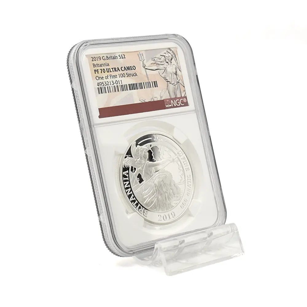 モダンコイン6:6807 イギリス 2019 エリザベス2世 ブリタニア 2ポンド1オンス銀貨 ファースト100ストラック NGC PF70UC COA付き