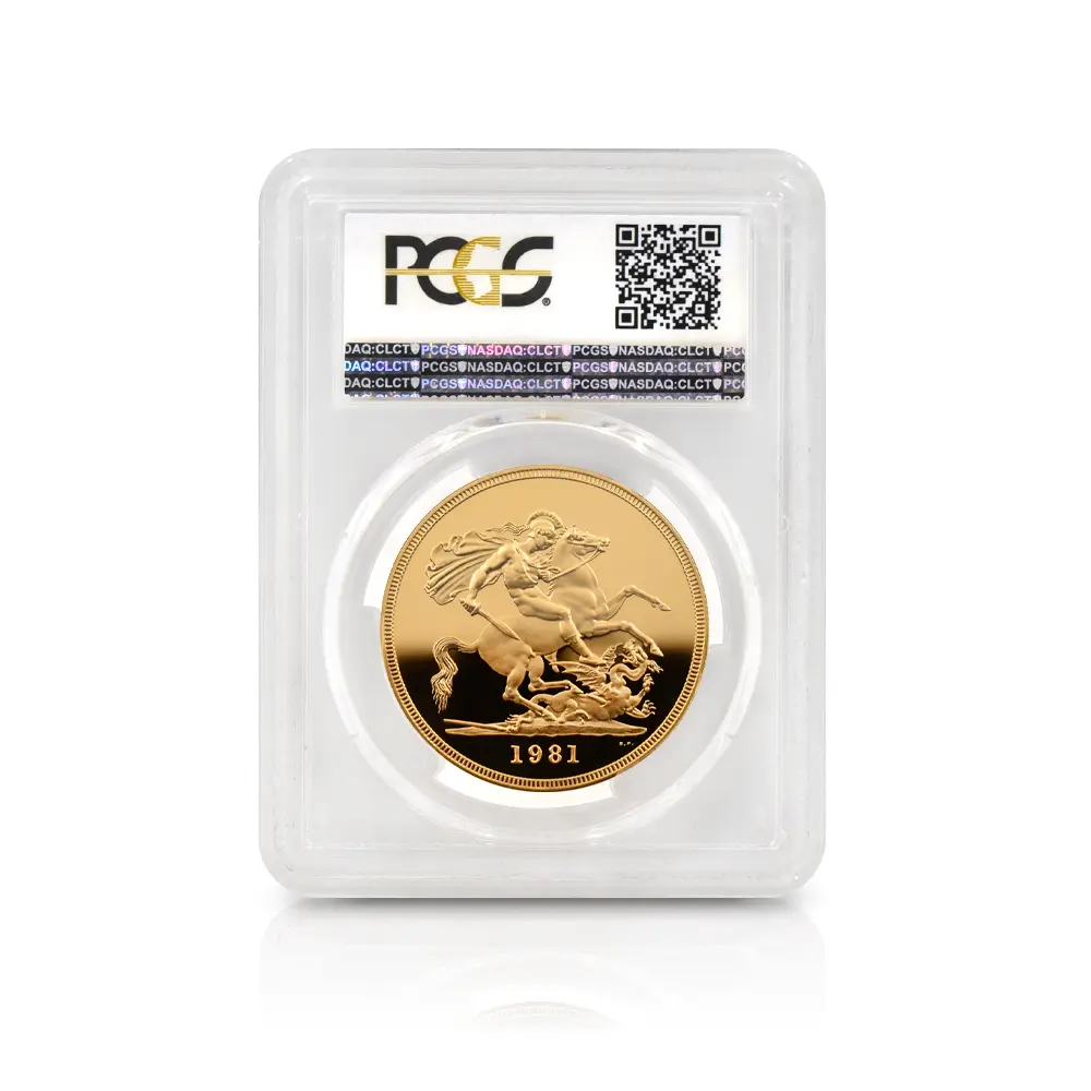 モダンコイン5:6798 イギリス 1981 エリザベス2世 ヤングエリザベス 聖ジョージ竜退治 5ポンド金貨 PCGS PR69DC S-4201
