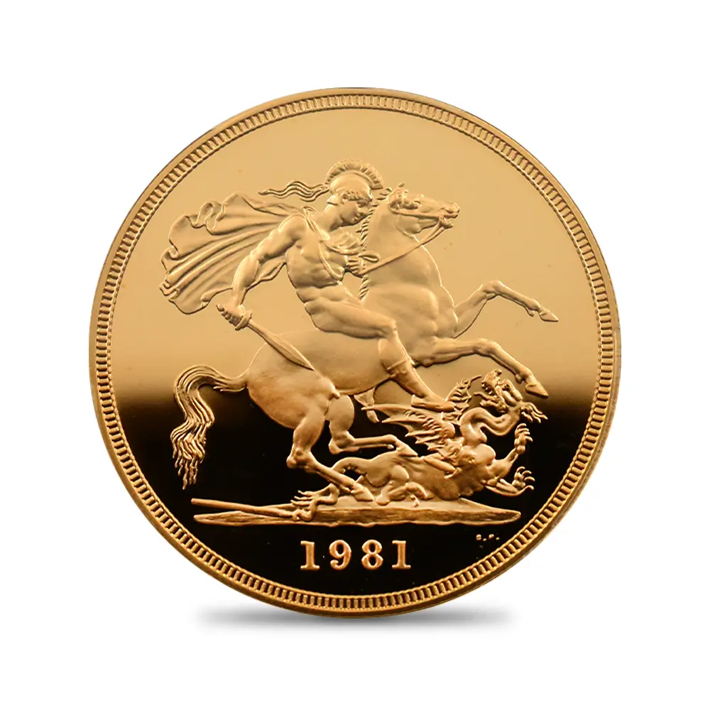 モダンコイン3:6799 イギリス 1981 エリザベス2世 ヤングエリザベス 聖ジョージ竜退治 5ポンド金貨 PCGS PR69DC S-4201