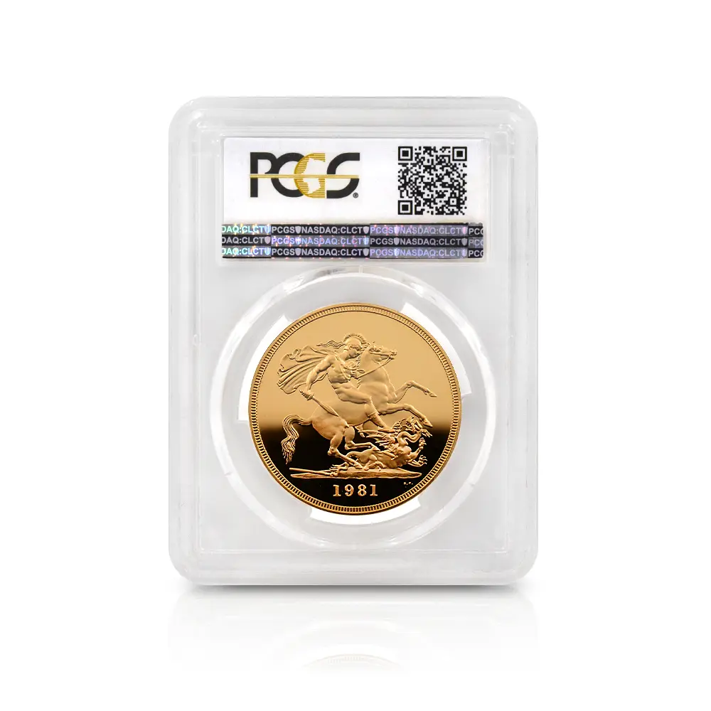 モダンコイン5:6799 イギリス 1981 エリザベス2世 ヤングエリザベス 聖ジョージ竜退治 5ポンド金貨 PCGS PR69DC S-4201