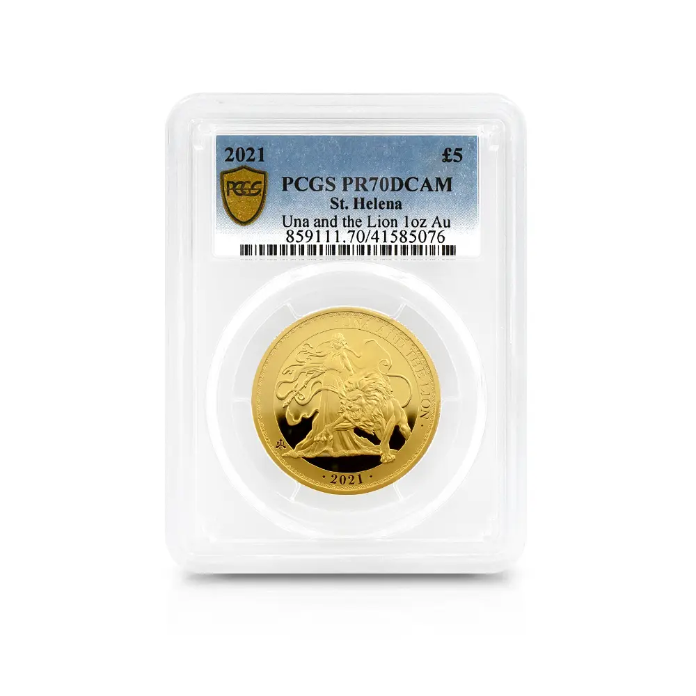 モダンコイン4：5365 セントヘレナ 2021 エリザベス2世 ウナ&ライオン 5ポンド1オンス金貨 PCGS PR70DC 箱付き