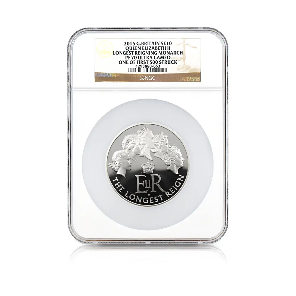 モダンコイン4：6824 イギリス 2015 エリザベス2世 最長在位記念 10ポンド5オンス銀貨 ファースト500ストラック NGC PF70UC 説明書・COA付き