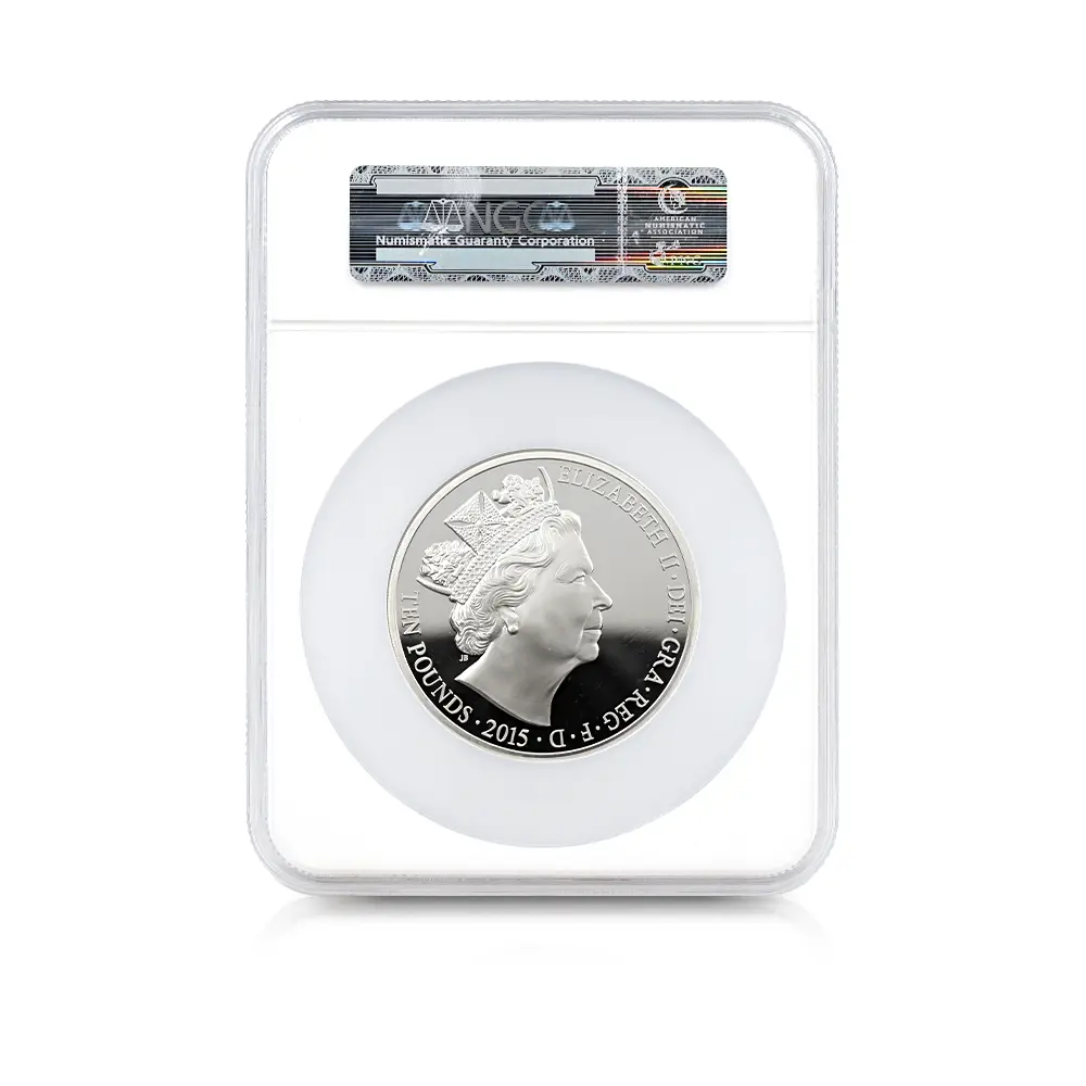 モダンコイン5：6824 イギリス 2015 エリザベス2世 最長在位記念 10ポンド5オンス銀貨 ファースト500ストラック NGC PF70UC 説明書・COA付き