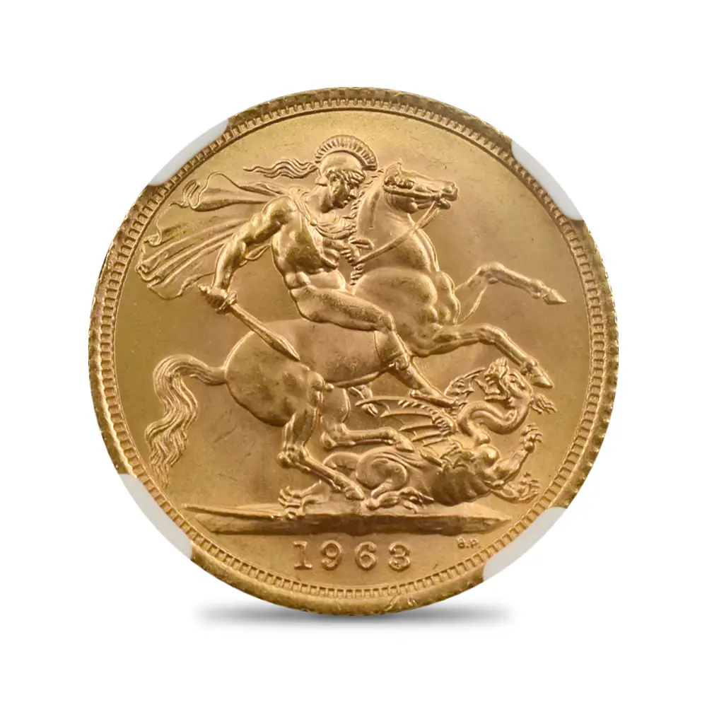 モダンコイン3：6823 イギリス 1963 エリザベス2世 ヤングヤング 聖ジョージ竜退治 ソブリン金貨 NGC MS66