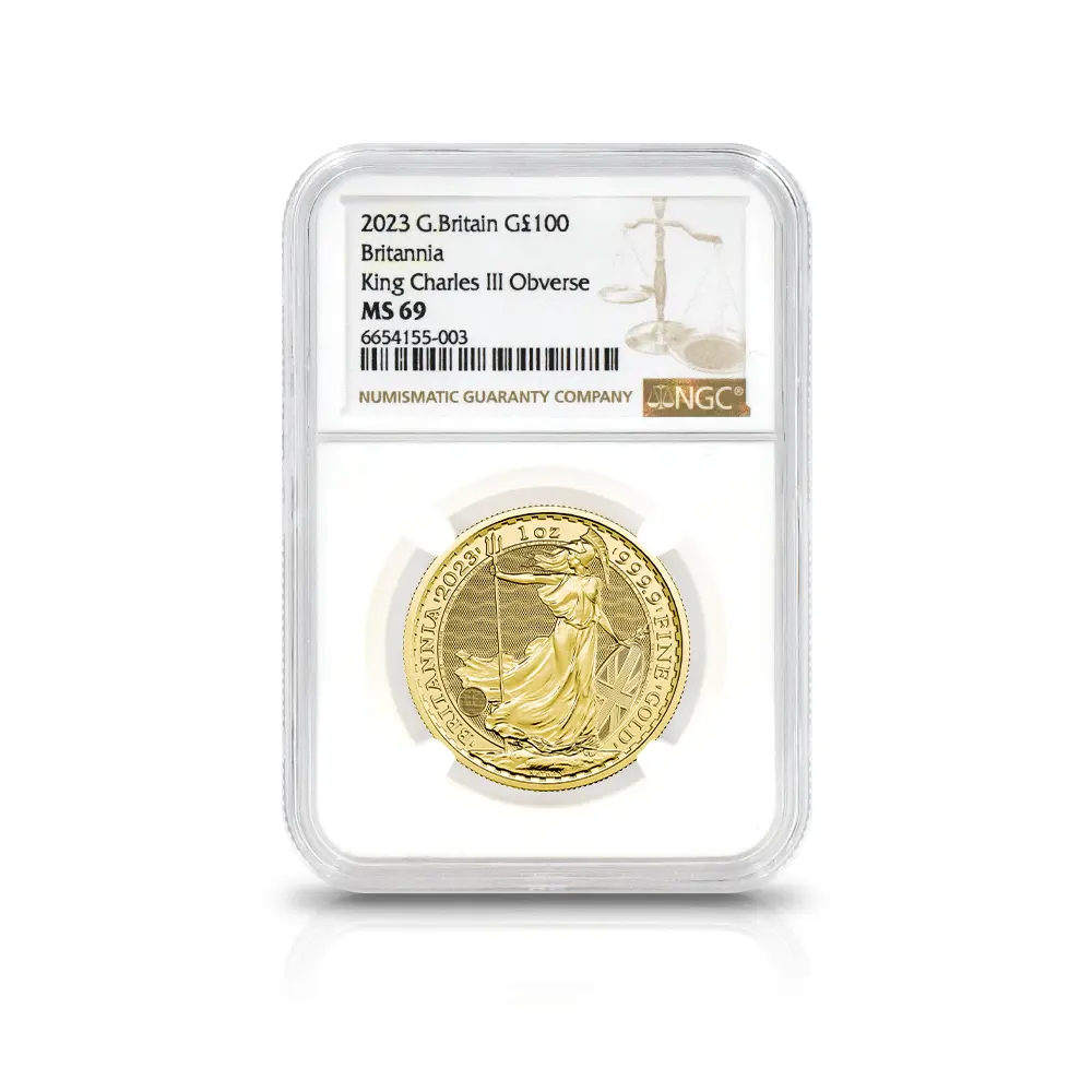 地金型6：6825 イギリス 2023 チャールズ3世 戴冠記念 ブリタニア 100ポンド 1オンス 地金型金貨 NGC MS69