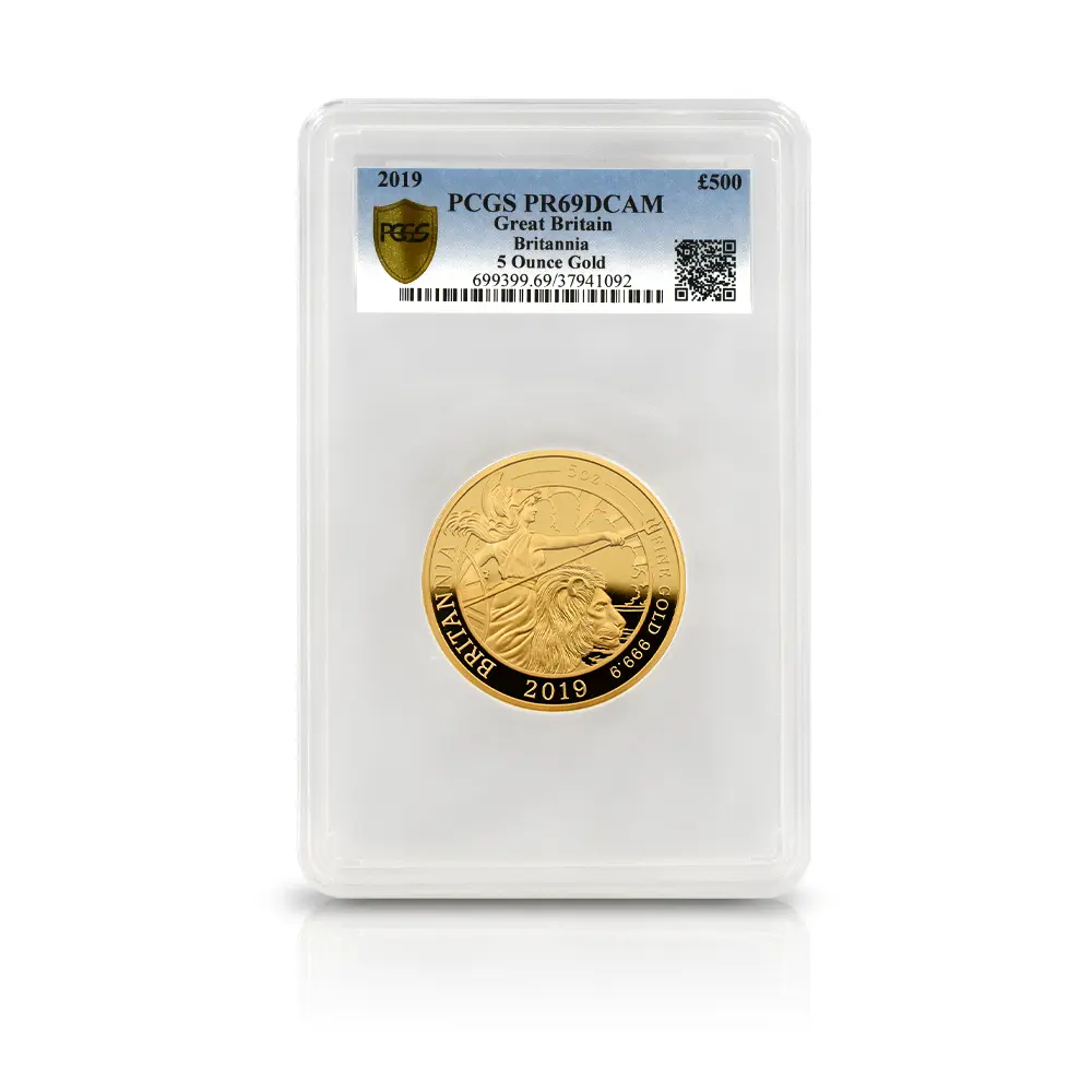 モダンコイン4：6832 イギリス 2019 エリザベス2世 ブリタニア 500ポンド 5オンス金貨 PCGS PR69DC 箱付き