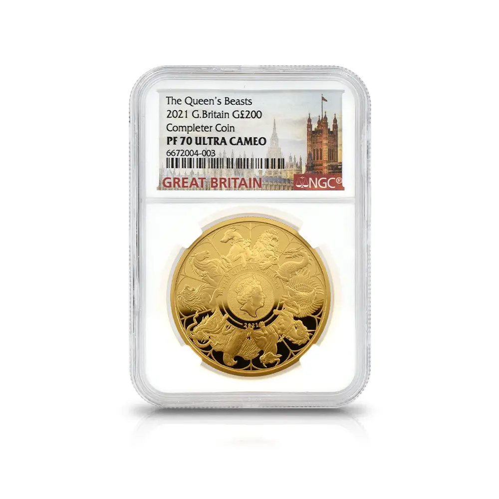 モダンコイン4：6835 イギリス 2021 エリザベス2世 クイーンズビースト コンプリーター 英国王室の十大守護獣 200ポンド2オンス金貨 NGC PF70UC