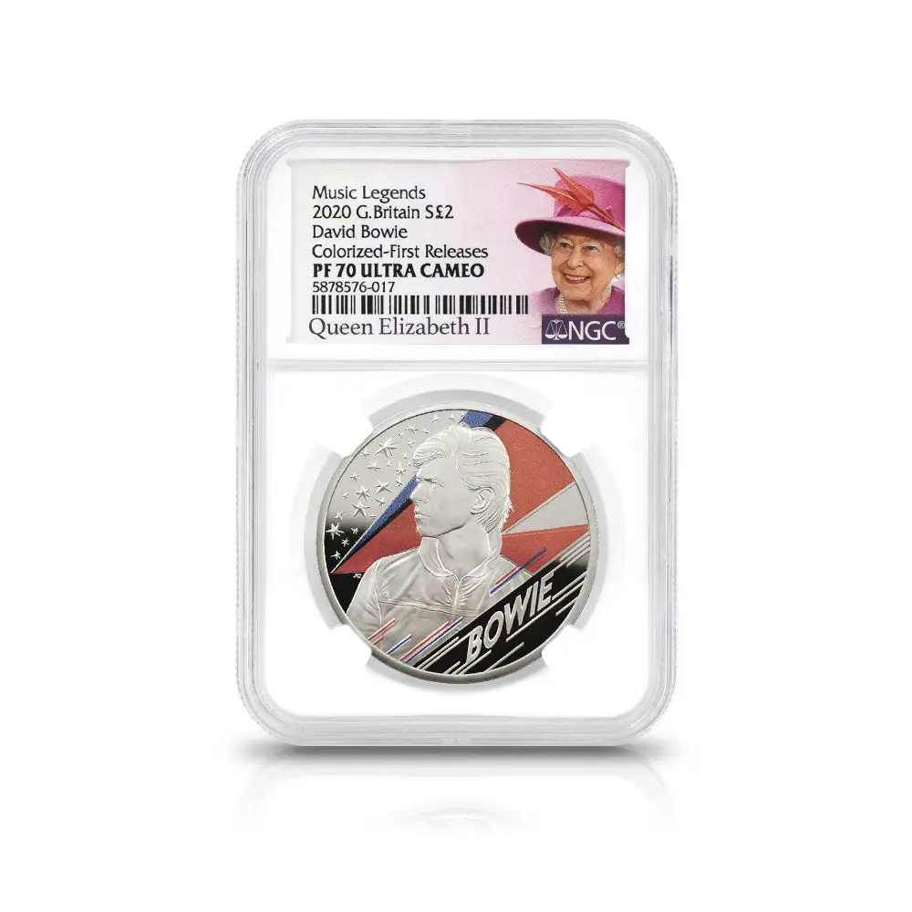モダンコイン4：6837 イギリス 2020 エリザベス2世 ミュージックレジェンド デヴィッド・ボウイ 2ポンド1オンスカラー銀貨 ファーストリリース NGC PF70UC エリザベス2世ラベル  箱付き