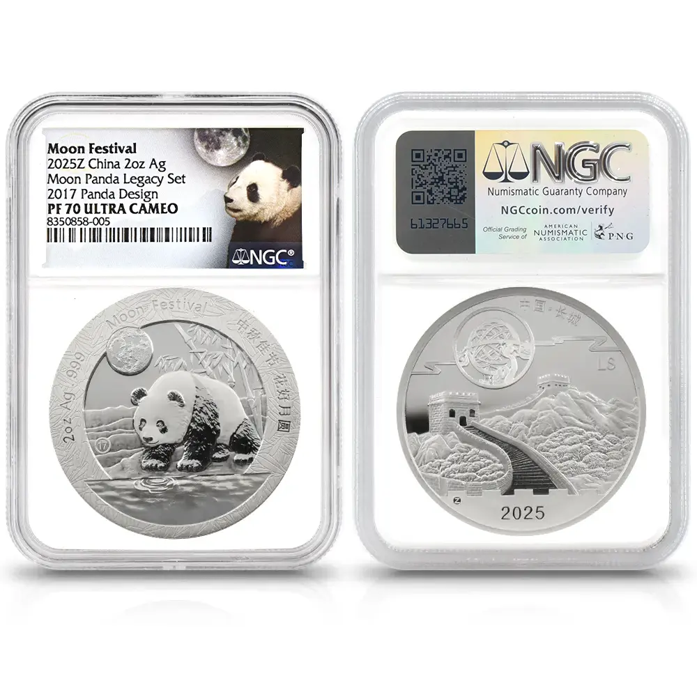 メダル4:6820 中国 2025発行 2015-2024デザイン パンダ 中秋節 2オンス銀メダル 10枚セット NGC PF70UC 箱付き
