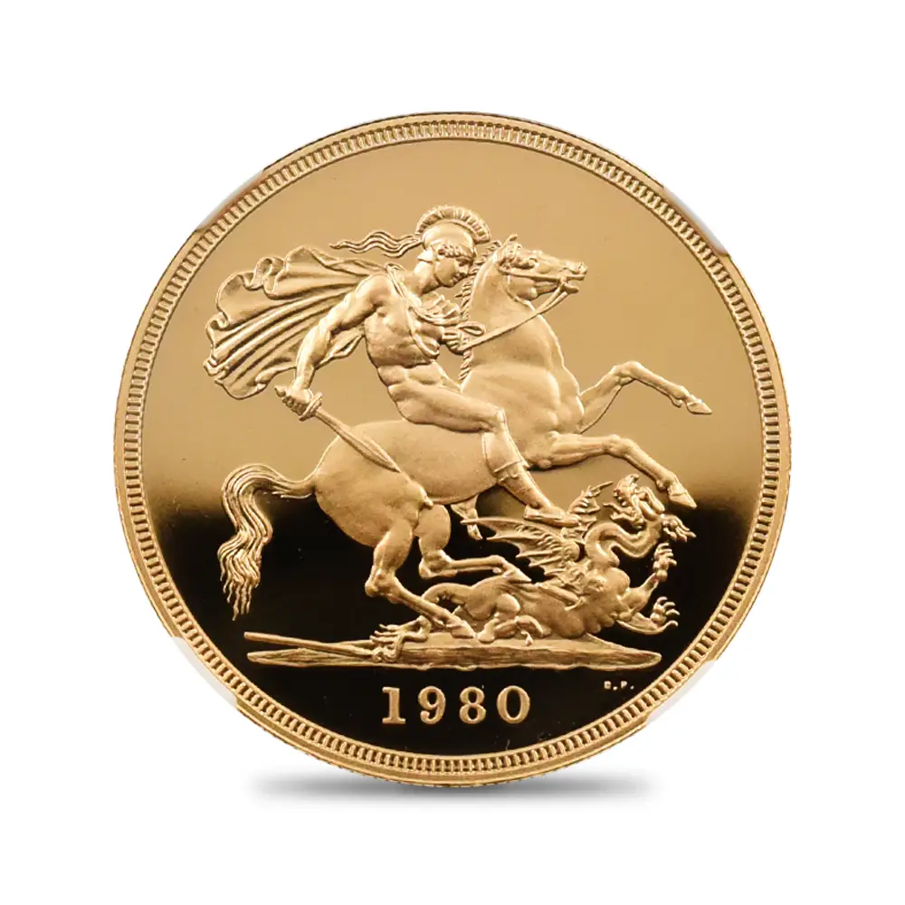 モダンコイン2：6842 1980 エリザベス2世 ヤングエリザベス 聖ジョージ竜退治 5ソブリン金貨 NGC PF70UC