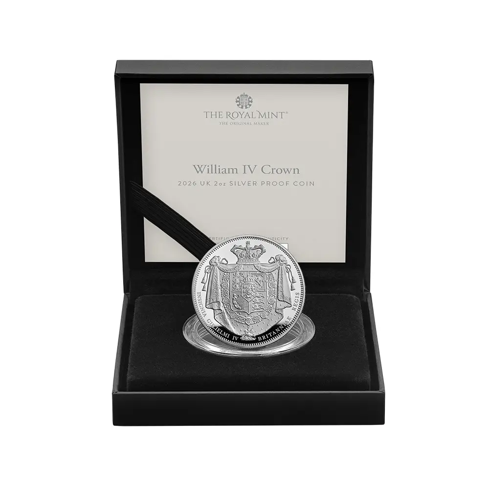 モダンコイン5：6845 イギリス 2026 チャールズ3世 ウィリアム4世クラウン 5ポンド2オンスプルーフ銀貨 未鑑定 箱付き【ご予約承り品】