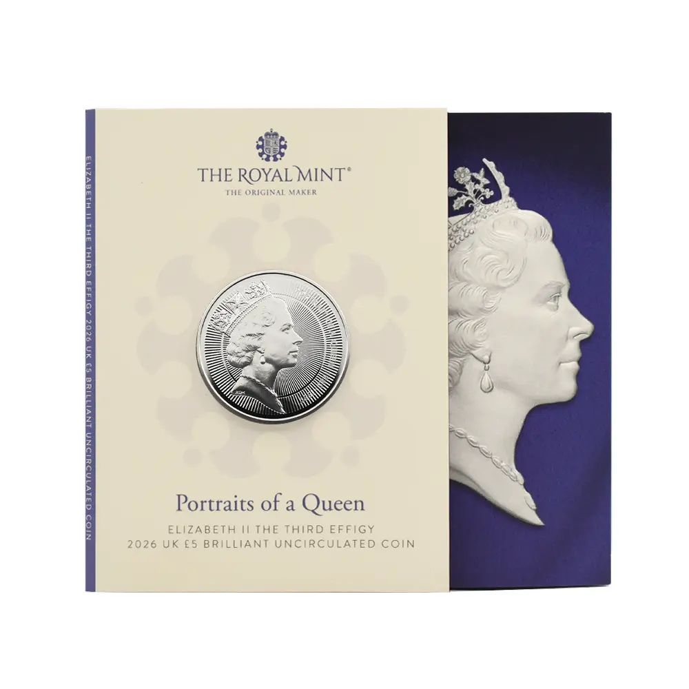 モダンコイン4：6607 イギリス 2026 チャールズ3世 エリザベス2世のコイン肖像シリーズ 第三弾 ミドルエリザベス 5ポンドBU白銅貨 未鑑定 パッケージ付き