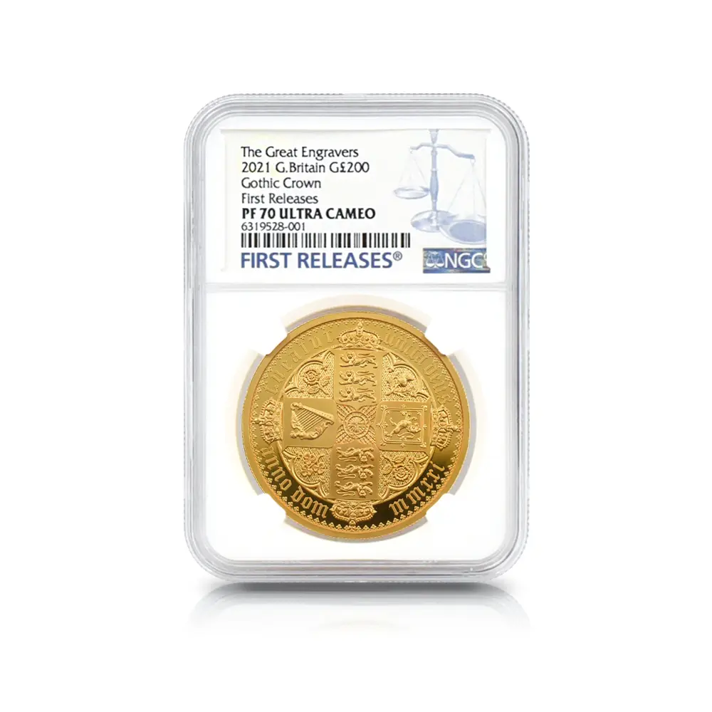 モダンコイン4：5407 2021 エリザベス2世 ゴチッククラウン・リバースシールド 200ポンド 2オンス金貨 ファーストリリース NGC PF70UC 箱付き