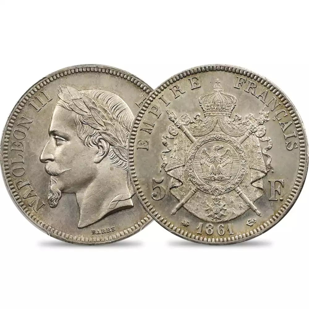 フランス 1861A ナポレオン3世 5フラン銀貨 PCGS MS63 Gad-739