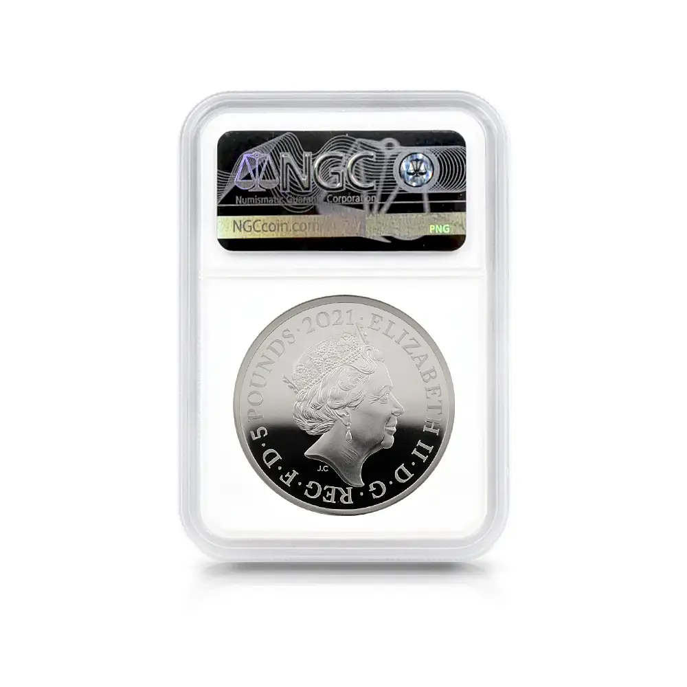 モダンコイン5：5453 2021 エリザベス2世 ゴチッククラウン・リバースシールド 5ポンド2オンス銀貨 ロイヤルミント発行 発行即日鑑定品 NGC PF70UC
