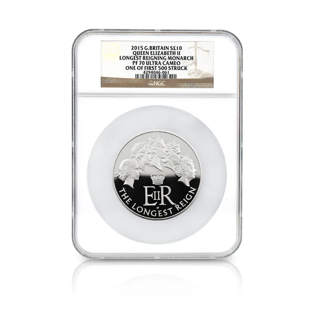 モダンコイン4:6863 イギリス 2015 エリザベス2世 最長在位記念 10ポンド5オンス銀貨 ファースト500ストラック NGC PF70UC 箱付き